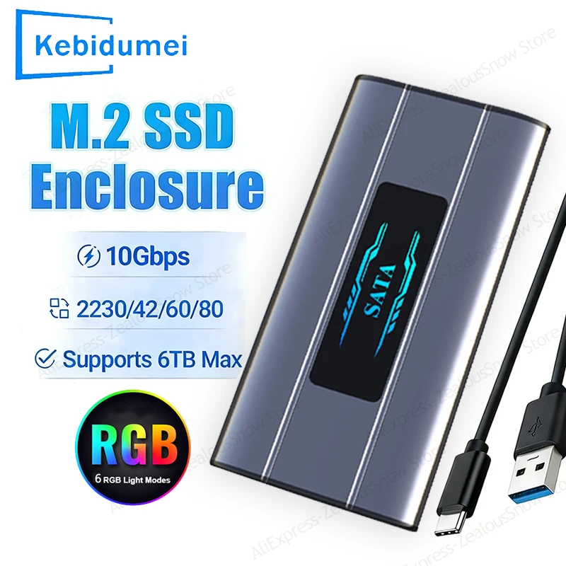 

M.2 NVMe/SATA SSD Enclosure 10Gbps High Speed USB3.2 Gen2 6TB Adapter Aluminum Alloy RGB Light Hard Disk Case For Notebook Phone