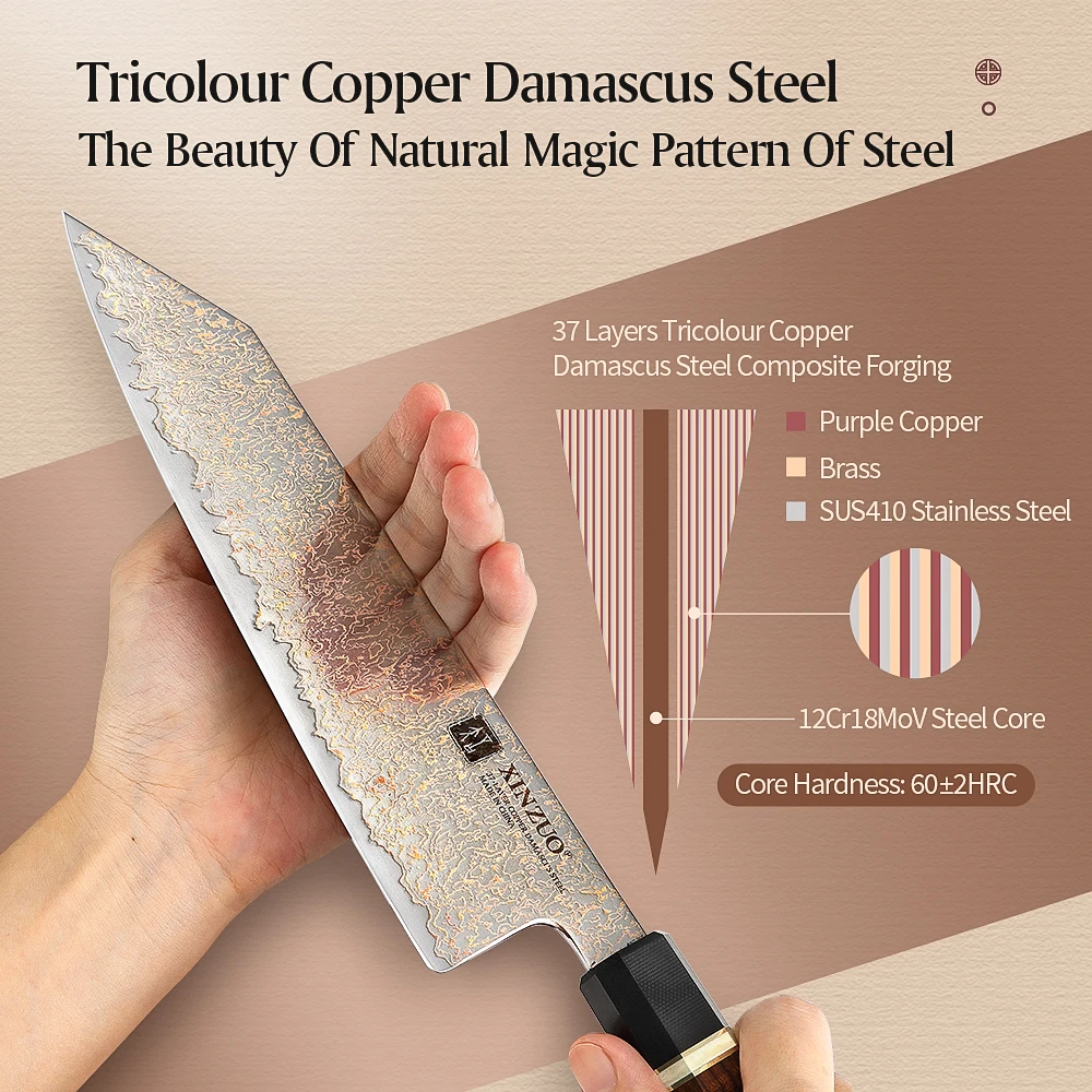 Imagem -04 - Xinzuo-copper Damascus Aço Conjuntos de Talheres Facas de Cozinha Estilo Japonês Facas Utilitárias Chef Tricolor Design Exclusivo Novo Peças