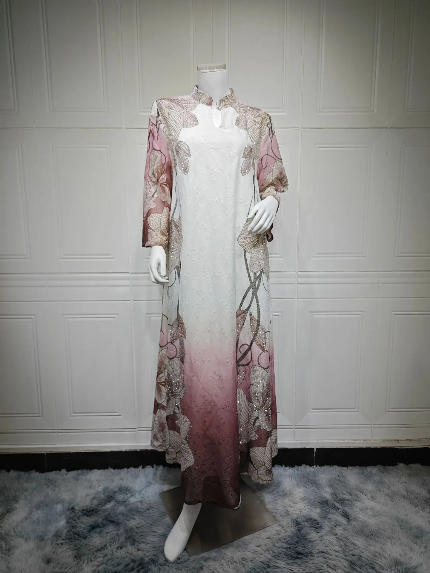 Uni oriente médio vestido muçulmano dubai feminino robe moda floral impresso bordado abaya feminino vestido muçulmano frisado maxi vestido