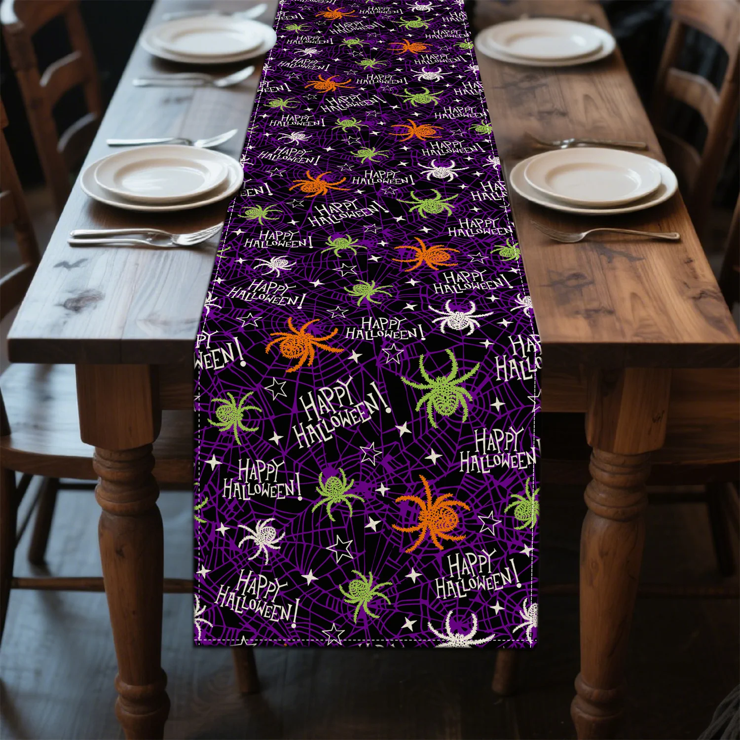 1pc Halloween Happy Spider Web Spider Stars Table Runner - Polyester, Rectangular, Indoor/Outdoor Holiday Party Decoration for