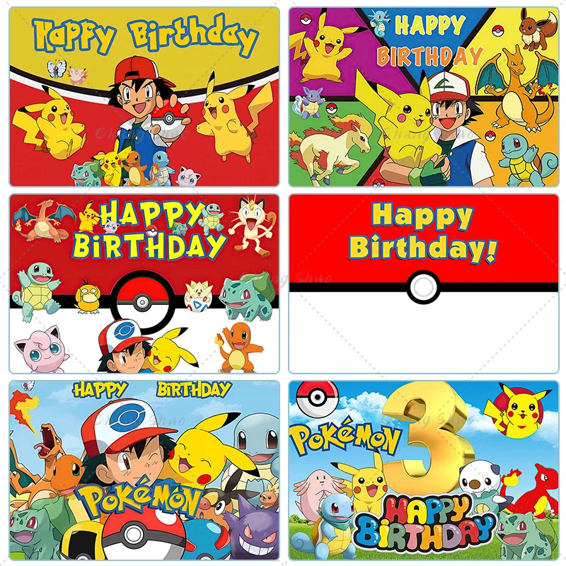 Custom Name Party Pokemon Backdrop Decoration Pikachu Theme Birthday Background for Kids Boy Baby Shower Anime Banner Poster