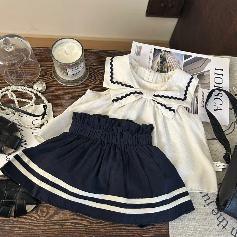 Navy Style Suit 2025 New Summer Fashion Academy Style Cute Sweet All-match Halter Tops Skirt Two Piece Set Trendy