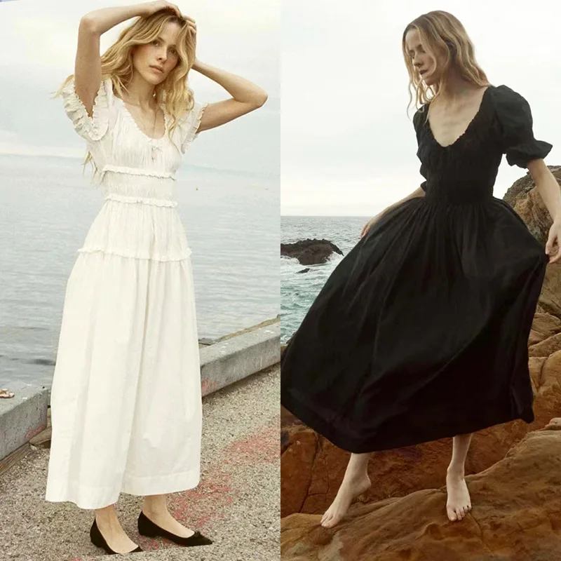 100% Cotton Women White or Black Robe Slim Puff Sleeve Elastic Waist Bow Female Midi Dress Spring Summer 2024