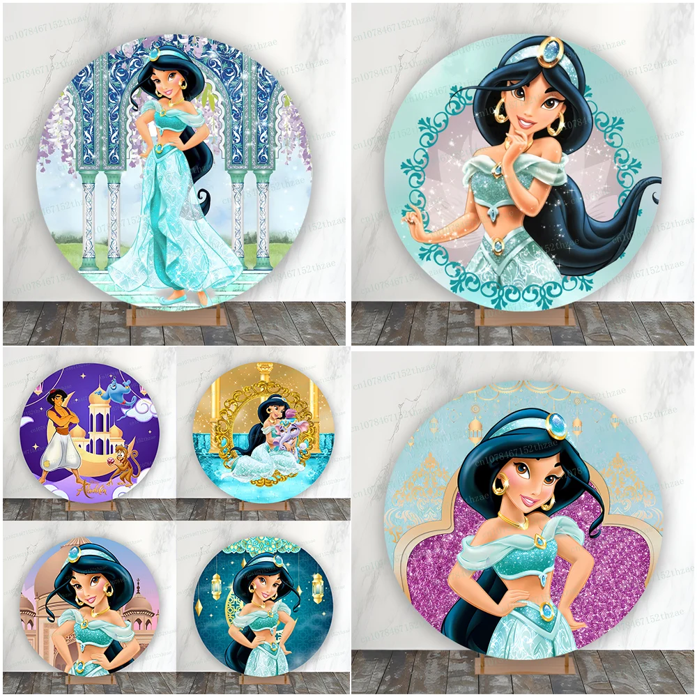 

Aladdin Jasmine Birthday Party Photo Background Baby Shower Round Photography Backdrop Cartoon Banner Decoration