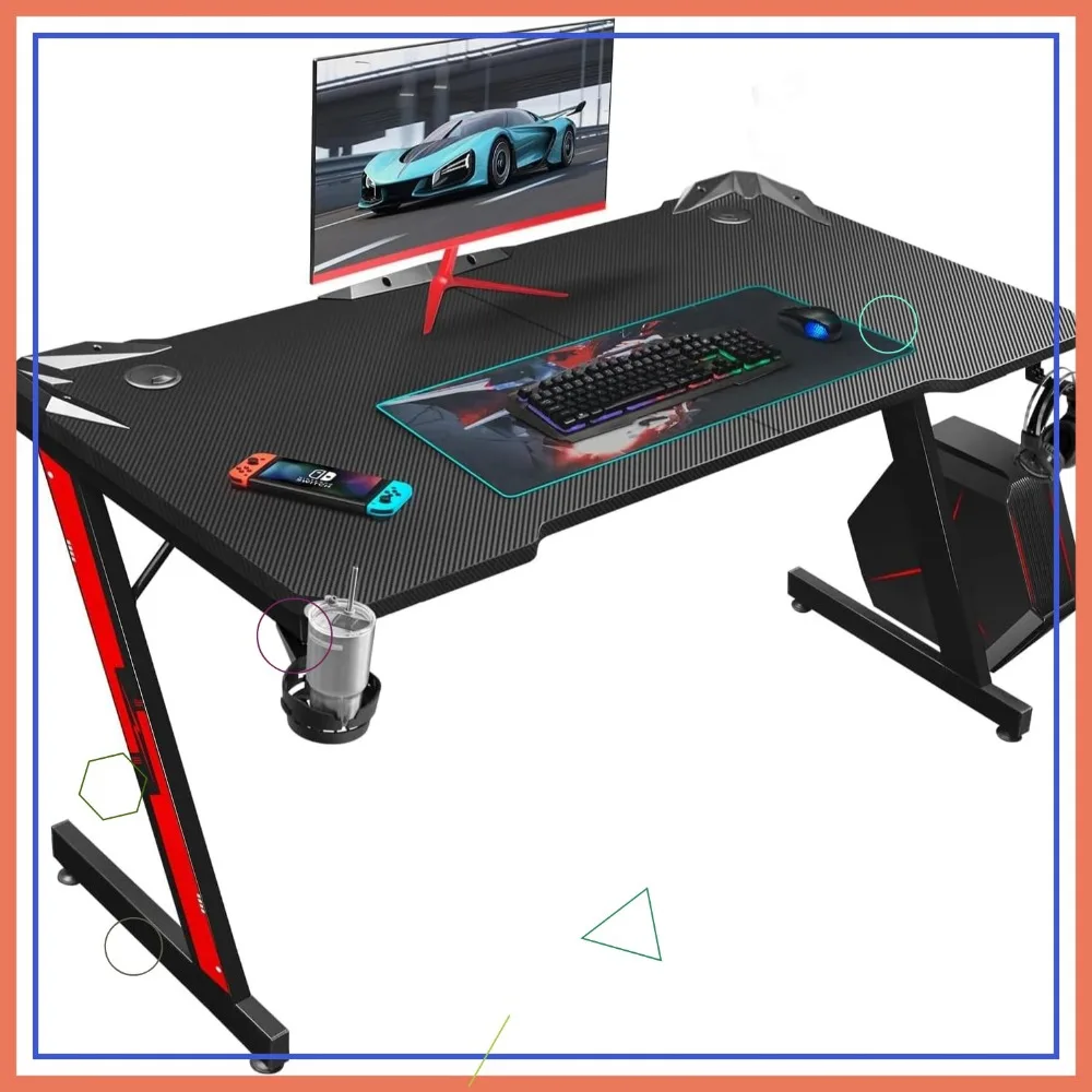 

44-Inch Gaming Desk with Carbon Fiber Surface, Cup Holder, Headphone Hook, and Z-Shaped Base for Home Office