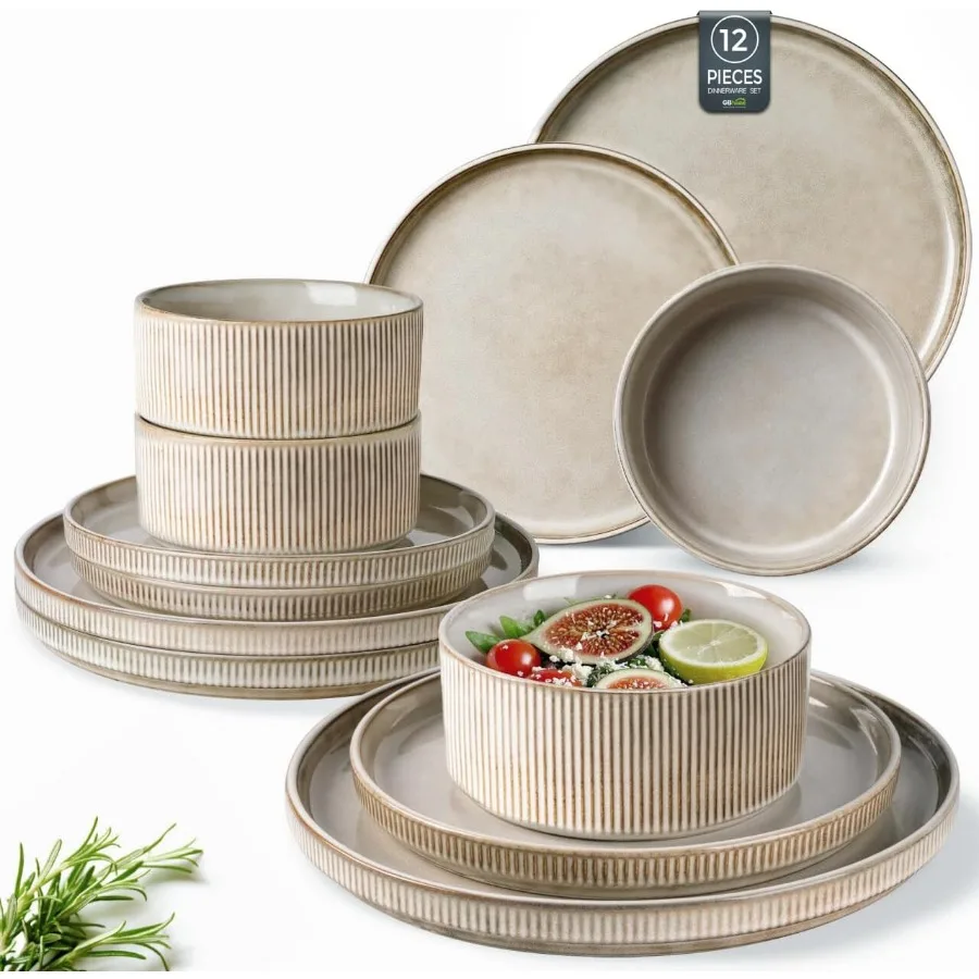 

Stoneware Dinnerware Sets for 4Round Reactive Glaze Ceramic Plates and Bowls Set Highly Scratch Resistant Dishwasher and Microw