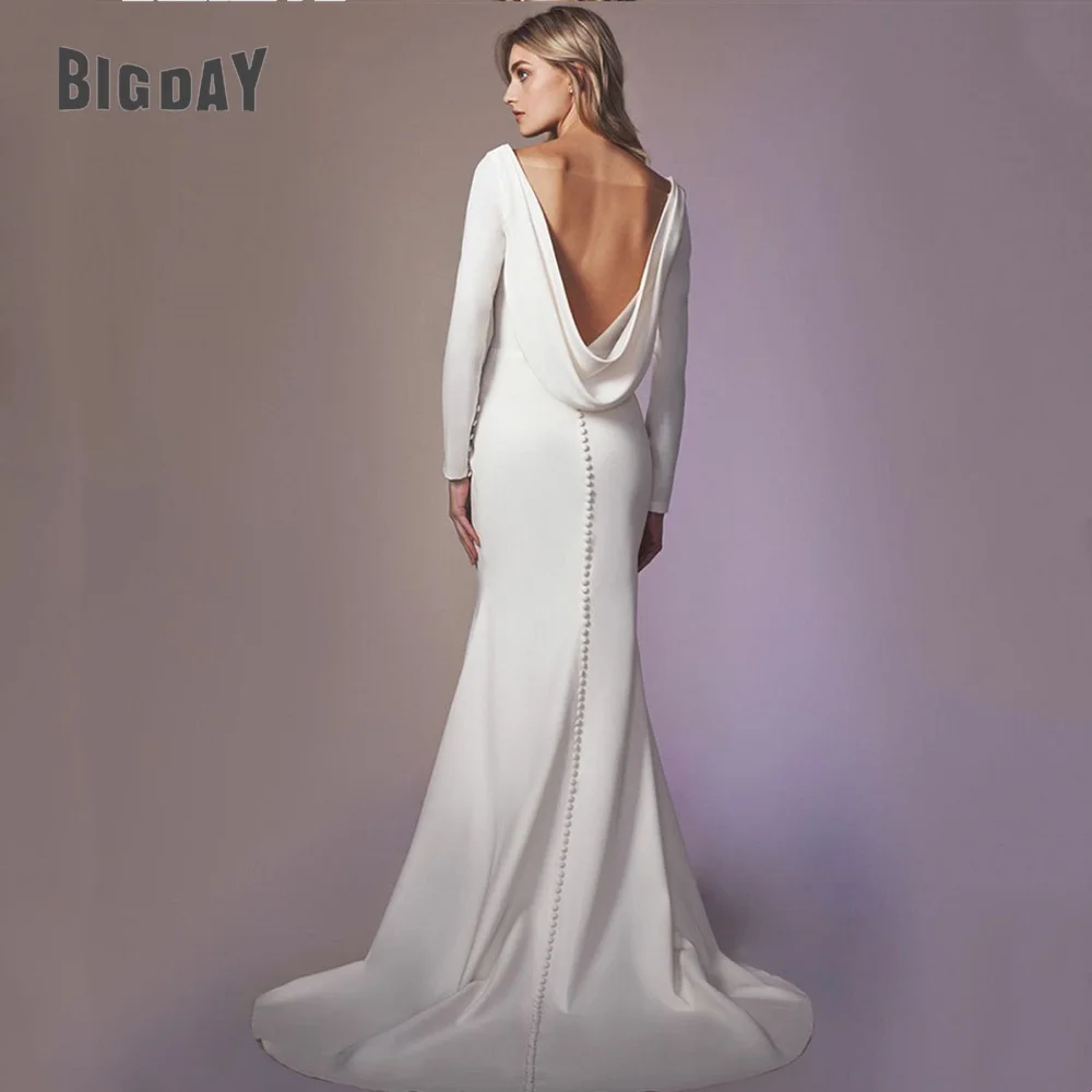 Robe de Mariée Sirène à Manches sulfet Col Rond, Tenue de Soirée Personnalisée avec Traîne