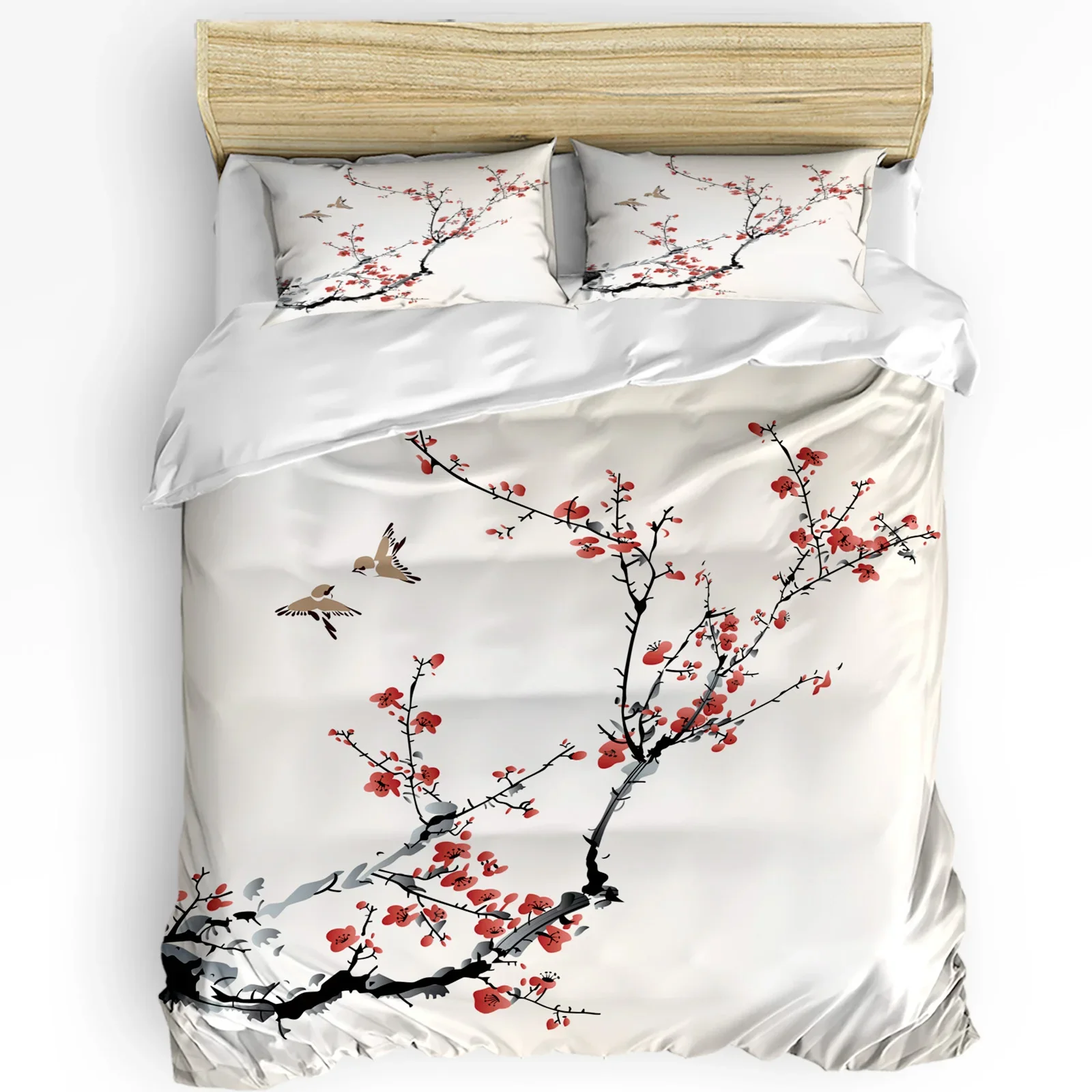 

Plum Blossom Branches Ink Style 3pcs Bedding Set For Bedroom Double Bed Home Textile Duvet Cover Quilt Cover Pillowcase