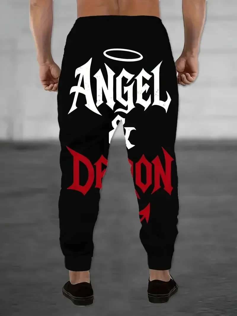 Men3DAllOverPrint Jogger Pants Angel Demon Gothic Letter Graphic Sweatpants Drawstring Hip Hop Urban Loose Tapered Gothic Outfit