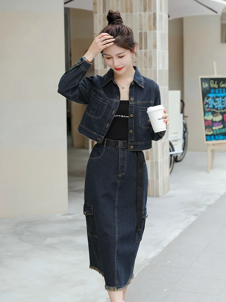 Autumn Vintage Denim Suits Fashion Long Sleeve Pocket Short Jean Coats+High Waist Back Split Skirts 2 Pieces Sets