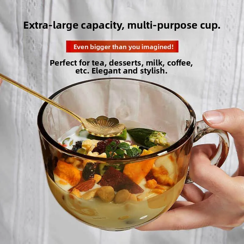 Large Capacity Glass Oats Cup with Lid And Spoon Heat Resistant Tea Colored Breakfast Cup for Women Home Use Overnight Oats Cup
