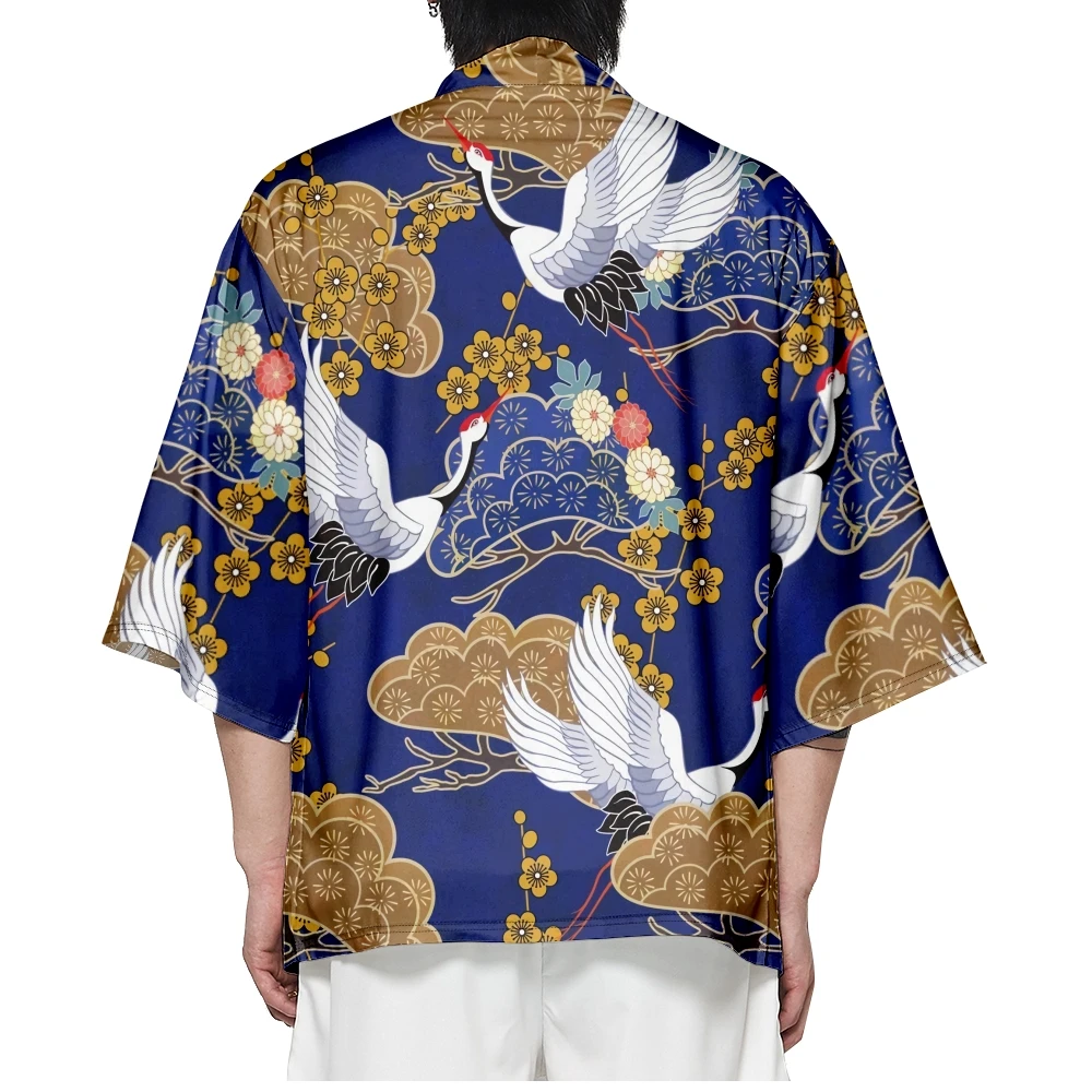 New Design Cartoon Crane Print Blue Kimono Japanese Traditional Streetwear Cardigan Robe Women Men Haori Top Yukata