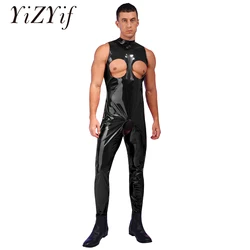 Mens Sexy Open Cups Crotchless Bodysuit Wet Look Patent Leather Catsuit Mock Neck Skinny Jumpsuits Lingerie Nightwear Clubwear