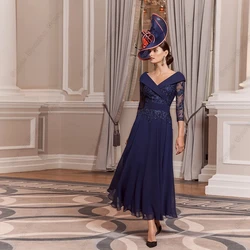 Navy Blue Mother of Bride Dresses with Lace Three Quarter Wedding Party Dresses 2024 Summer Lace Chiffon Robe De Soirée Zipper