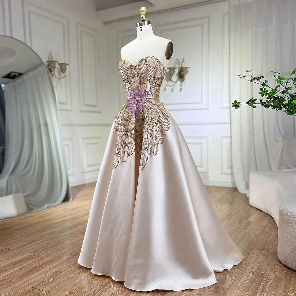 Serene Hill Dubai Arabia Beige A Line Satin Strapless Luxury Beaded Evening Dresses Gowns For Party 2024 LA72195 Customized