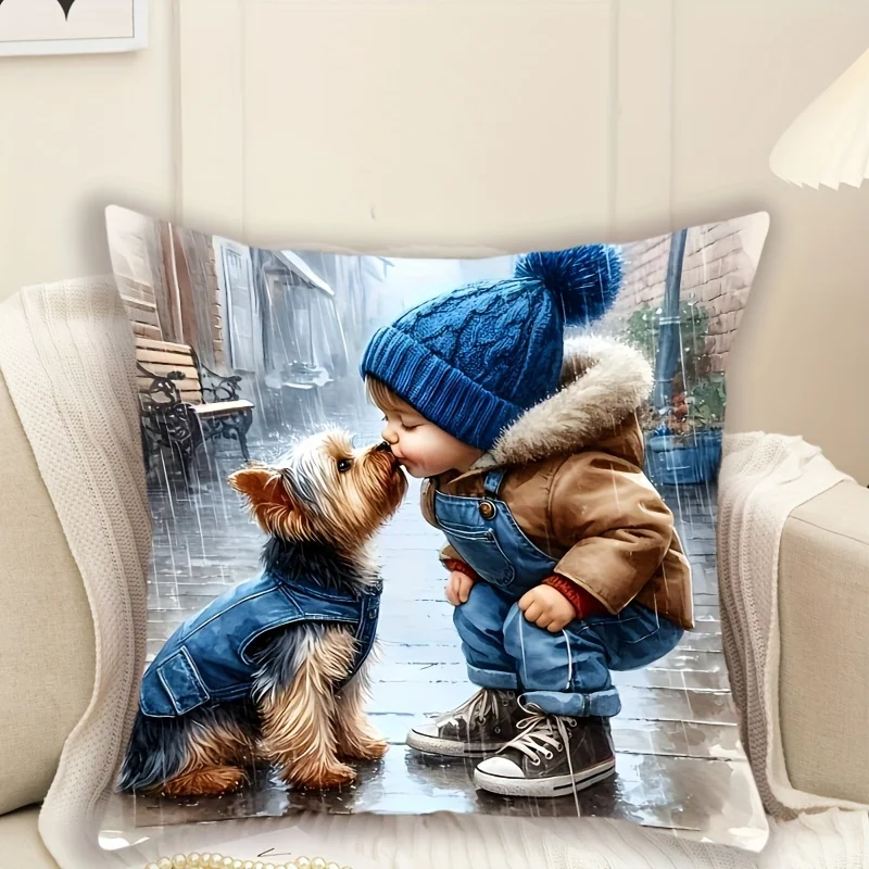 Child and Dog Pillowcase - Soft Plush Gift, No Pillow Insert, Adorable Design for Kids' Room Decor, Perfect for Pet Lovers