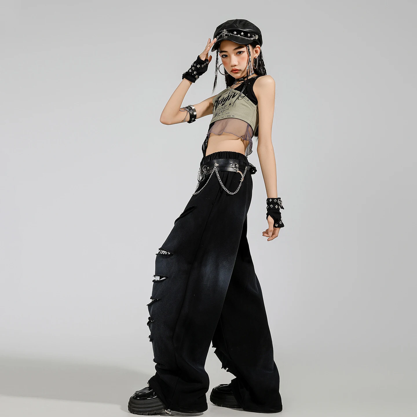 Children Kpop Jazz Dance Clothes Navel Tops Ripped Pants Summer Sleeveless Hip Hop Costume Concert Stage Outfit Rave Wear L16643