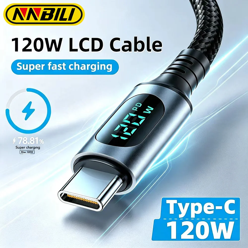 Cabo USB A para Tipo C NNBILI 120W 6A, Carregador Rápido para Macbook Pro, Xiaomi, Samsung, POCO, Cabo de Display USB C para Tipo C