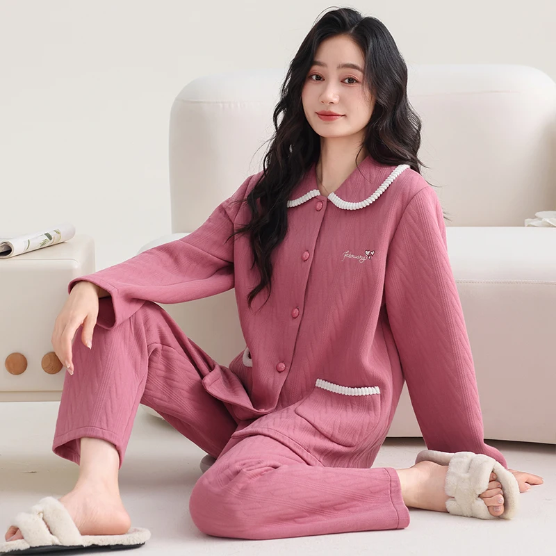 ensemble-de-pyjama-d'hiver-pour-femmes-en-coton-avec-col-rabattu-couleur-unie-vetements-de-nuit
