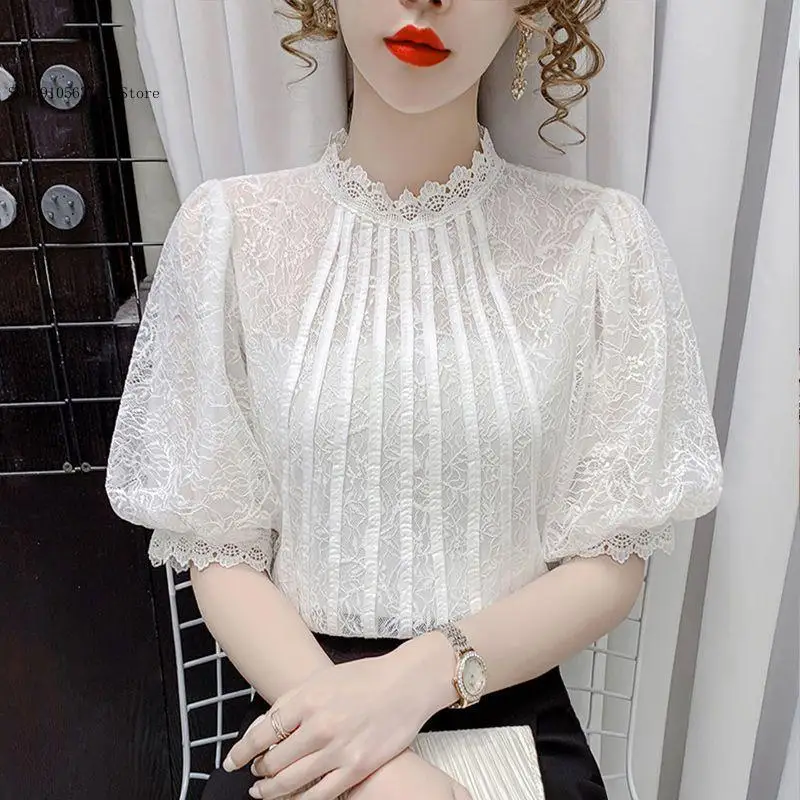 Summer and Autumn Black Simple Leisure Commuting White Bubble Short Sleeved Chiffon Thin T-Shirt Lace Women