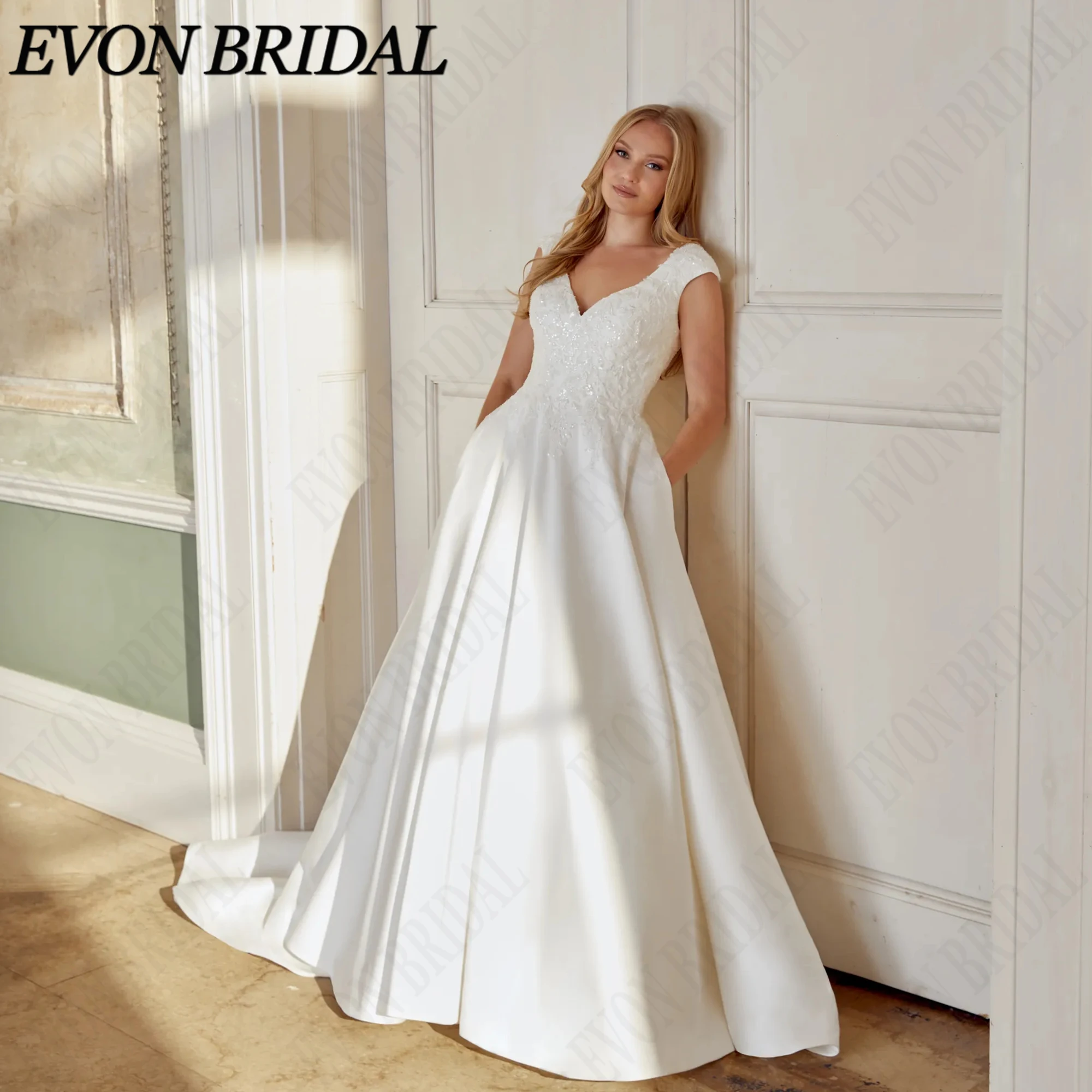 EVON BRIDAL Sequined Lace Appliques Satin Wedding Dress Plus Size A-LINE Cap Sleeve Bride Dresses V-Neck Bridal Gown Customized