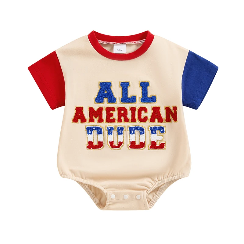 

4th of July Baby Rompers Infant Girls Boys Fuzzy Letter Embroidery Contrast Color Short Sleeve Bodysuits Summer Jumpsuit