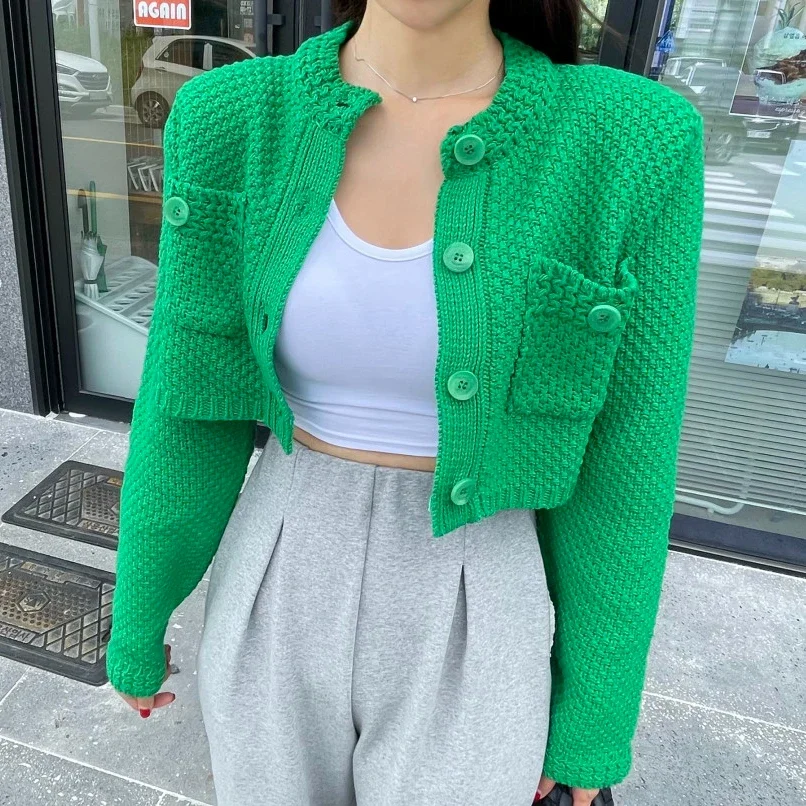 Chic Green Knitted Cardigan Women  Autumn Winter Pocket Single Breasted Sweater Female Button Y2k Korean Knit Tops