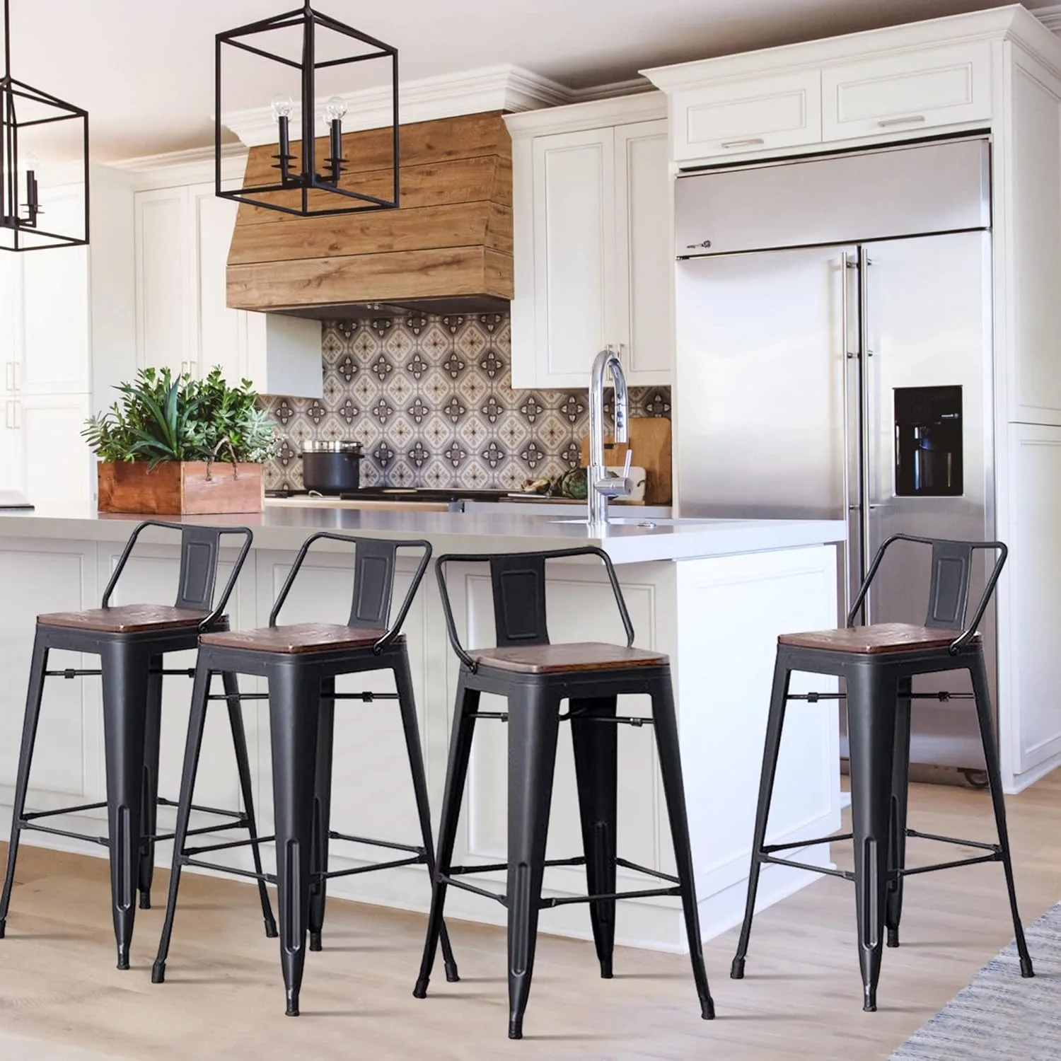 24" Metal Barstools Set of 4, Matte Black Counter Height Bar Stools, Industrial Counter Bar Chairs with Wood Top Low Back