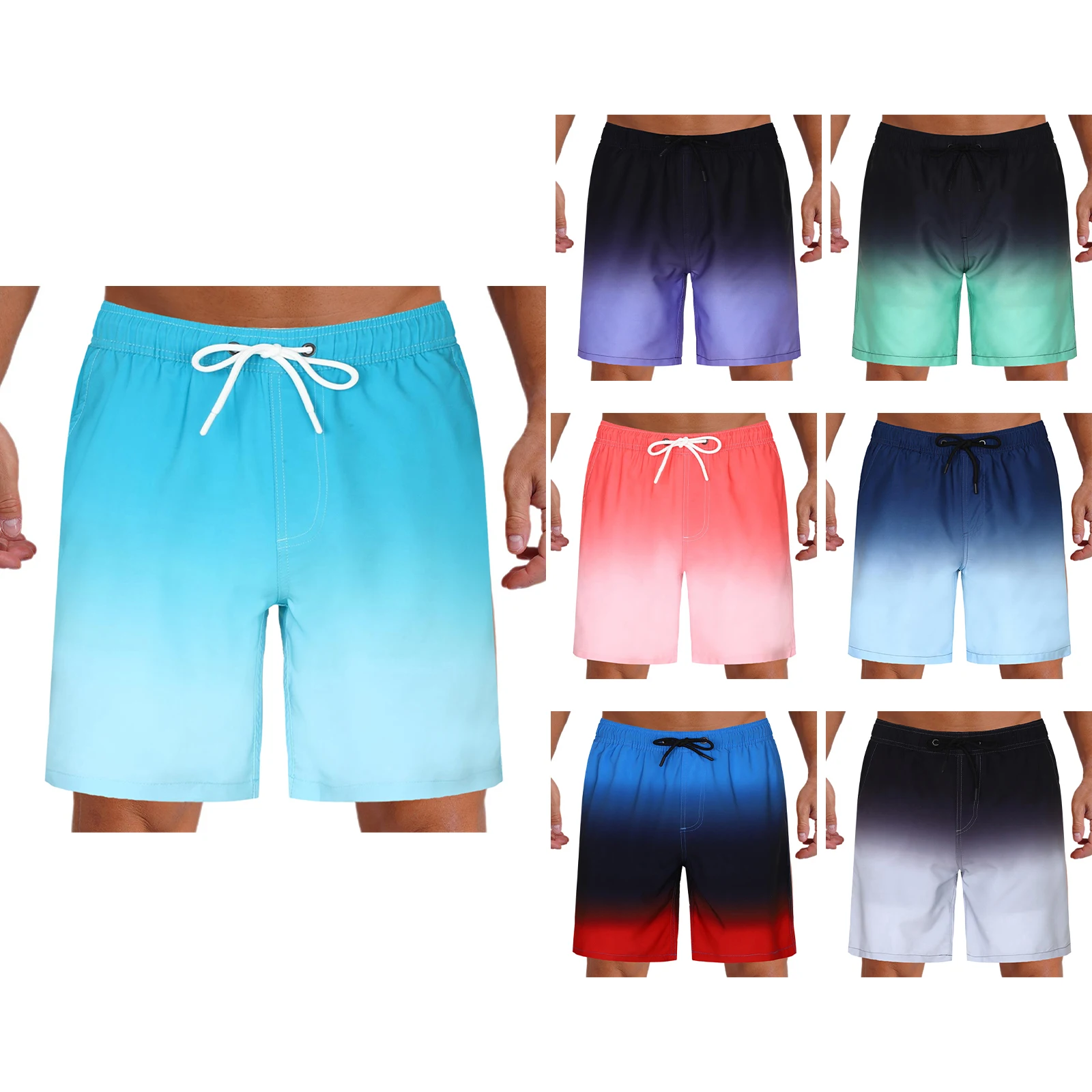 Men 2-in-1 Gradient Swim Trunks Drawstring Elastic Waistband Quick-Drying Compression Liner Boxer Shorts Swimwear Summer Holiday