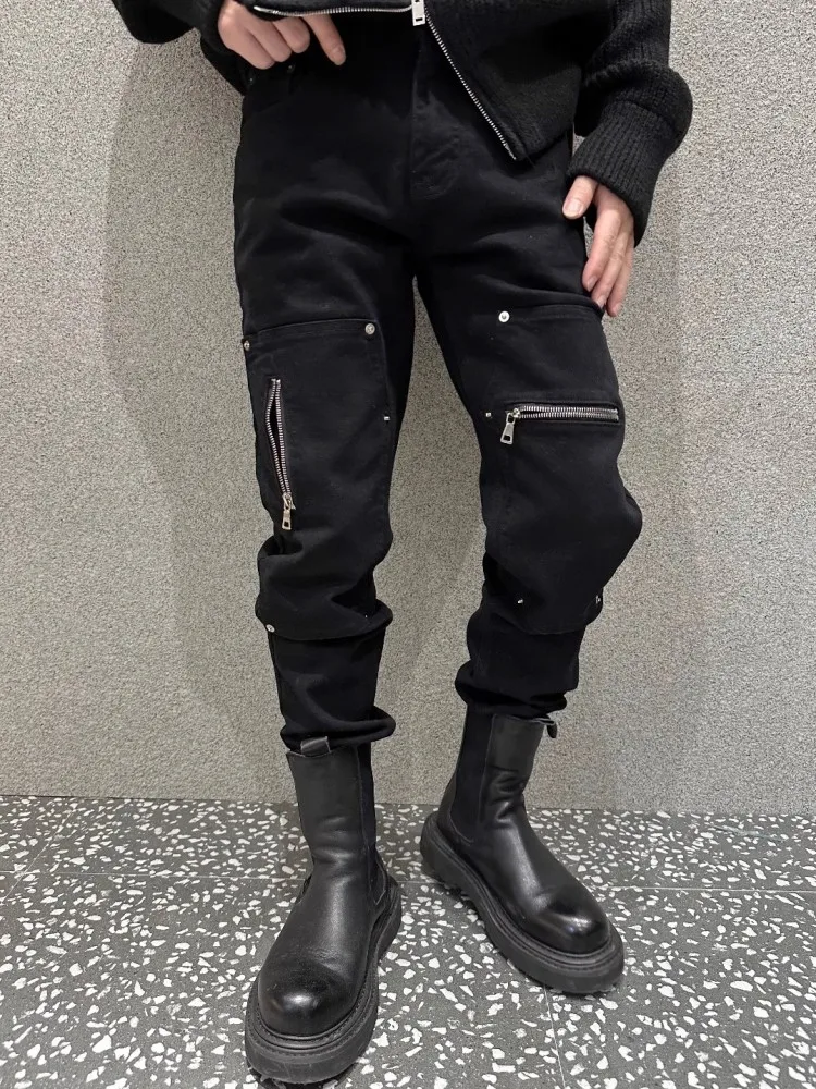 Streetwear Men Fashion Zip Pockets Denim Pencil Pants Slim Fit Rivets Jeans Casual Long Trousers Black Cowboy Moto Biker Pants