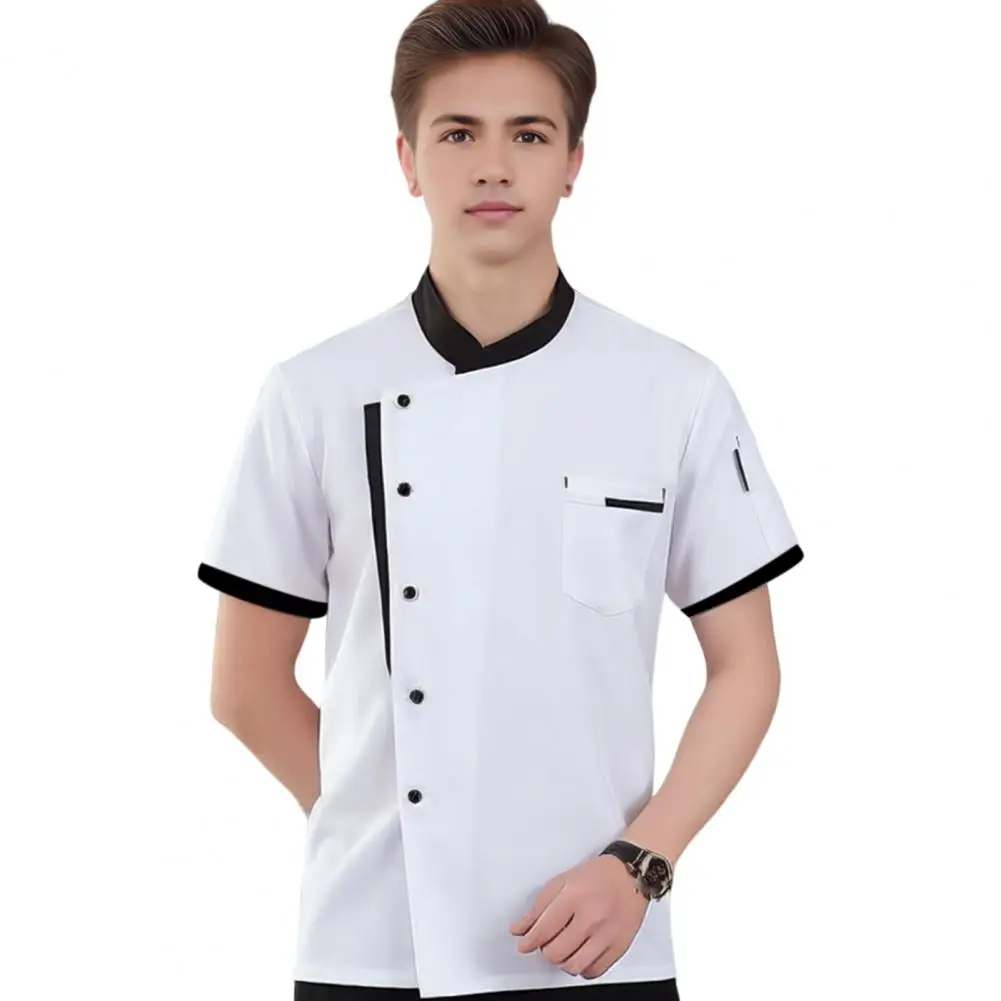 Unisex Chef-Shirt Opstaande Kraag Single-Breasted Korte Mouwen Restaurant Diner Keuken Kok Top Bakkerij Hotel Ober Uniform