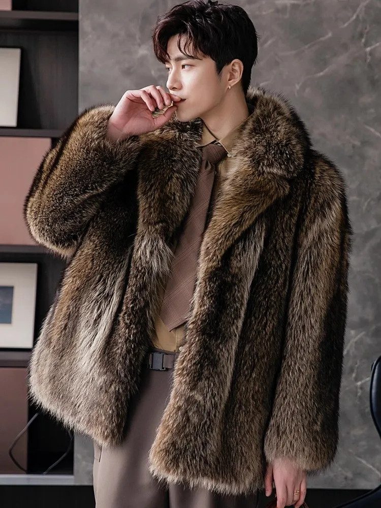 Men Luxury Raccoon Fur Coat Design Medium Length Turn-Down Collar Real Fur Jacket Autumn Winter Loose Fit Fashion Mens Overcoat