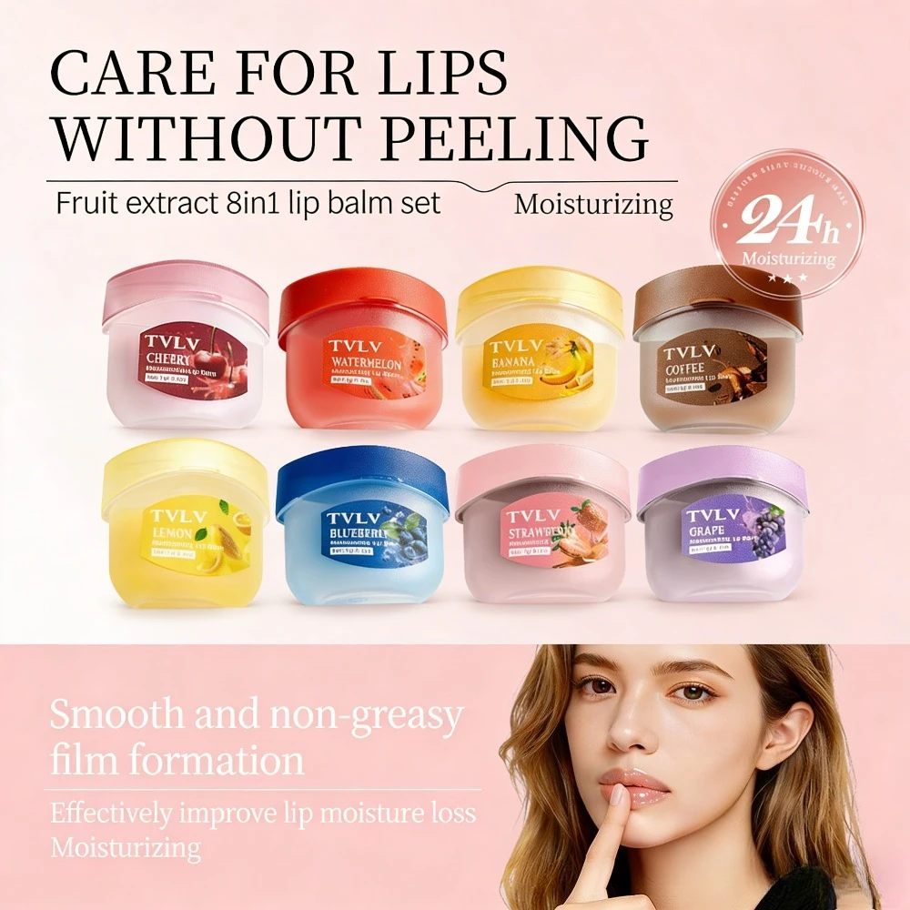 

8 Fruit Lip Balm Set with Spoon Lip Care Autumn and Winter Moisturizing Lip Mask Set