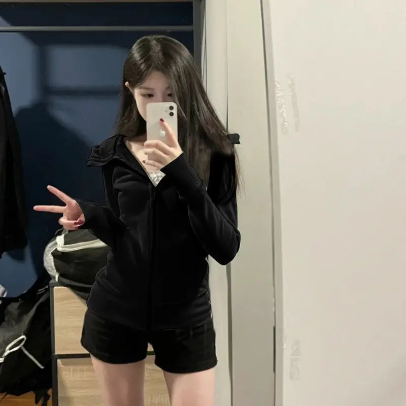 Koreanische Frühlingsneuheit: Schlanke, einfarbige Kapuzenjacke 2026 für Damen – Slim-Fit Y2K-Jacke mit Reißverschluss, lässiger Streetwear-Sweatshirt-Top – Detail 9