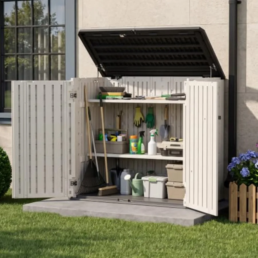 Outdoor storage cabinet for garden, backyard, patio, pool tools; resin material, gray color, weatherproof and durable with 2 sh