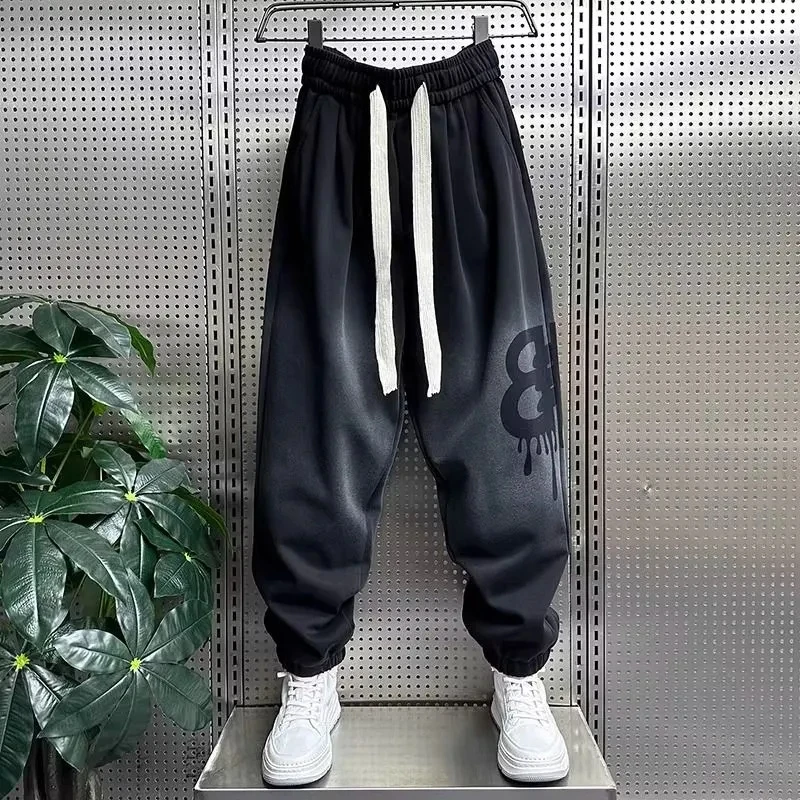 Korean New Autumn Winter Pants Letter Print Fashion Street Hip-Hop Pant Gradient Black Trousers Designer Men Clothing Pantalones