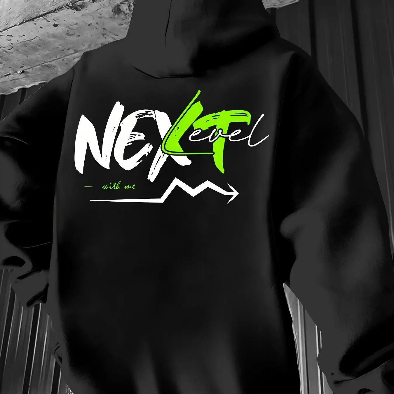 Men NEXT Level Brush Font Graphic Oversized Hoodie Large Back Neon Green Accent Arrow Line Black Fall Winter Street Sweatshirt