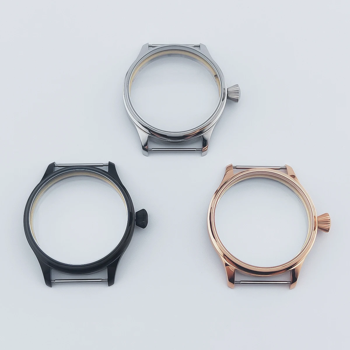 

44mm silver stainless steel watch case, suitable for ETA 6498, 6497, and Seagull ST3600.