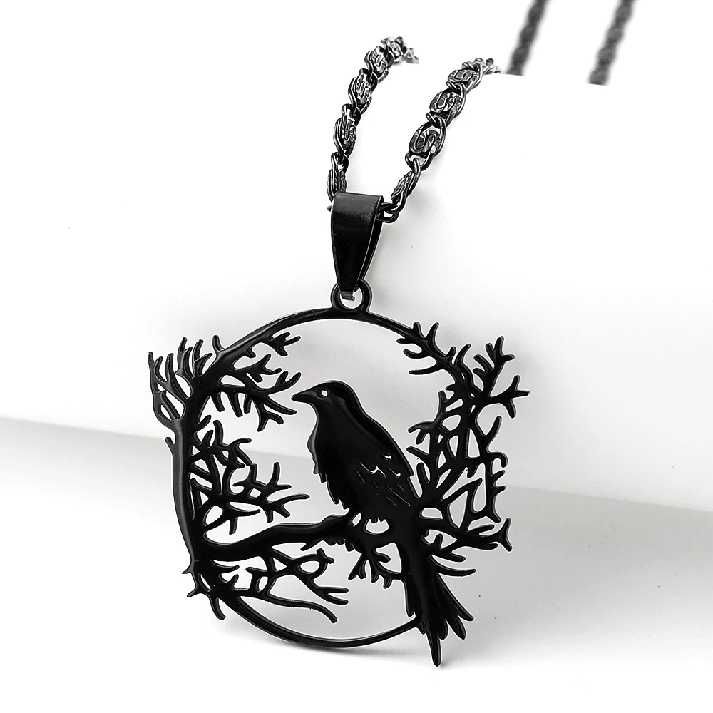 Gotische Halskette mit schwarzem Rabenvogel-Absatzanhänger für Damen und Herren aus Edelstahl, nordische Mythologie, Krähe, Tier, Pflanze, Schmuck, Geschenk