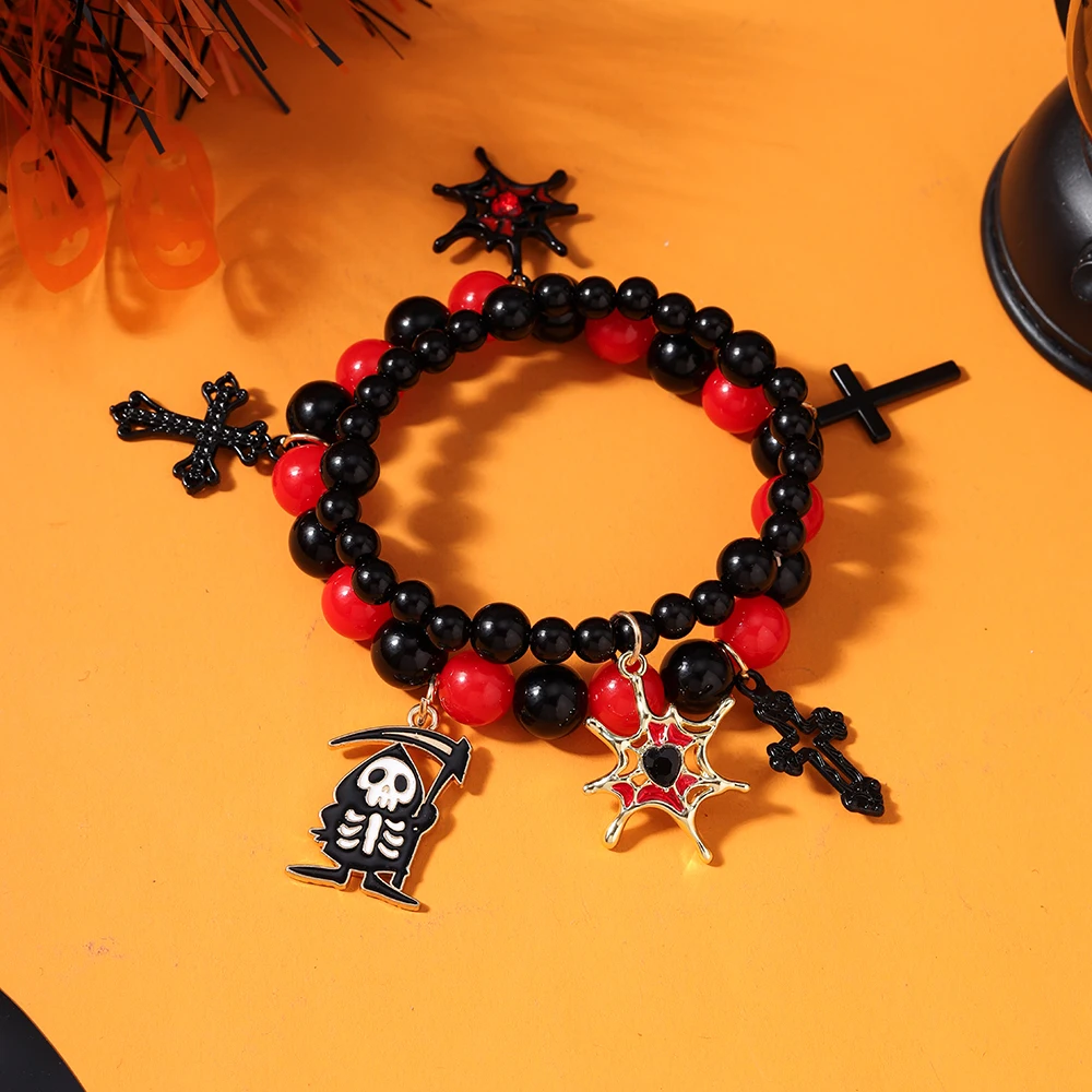 

Aihua Gothic Halloween Death Spider Web Cross Bracelets for Women Men Hip Hop Beaded Bracelets Halloween Jewelry Gifts