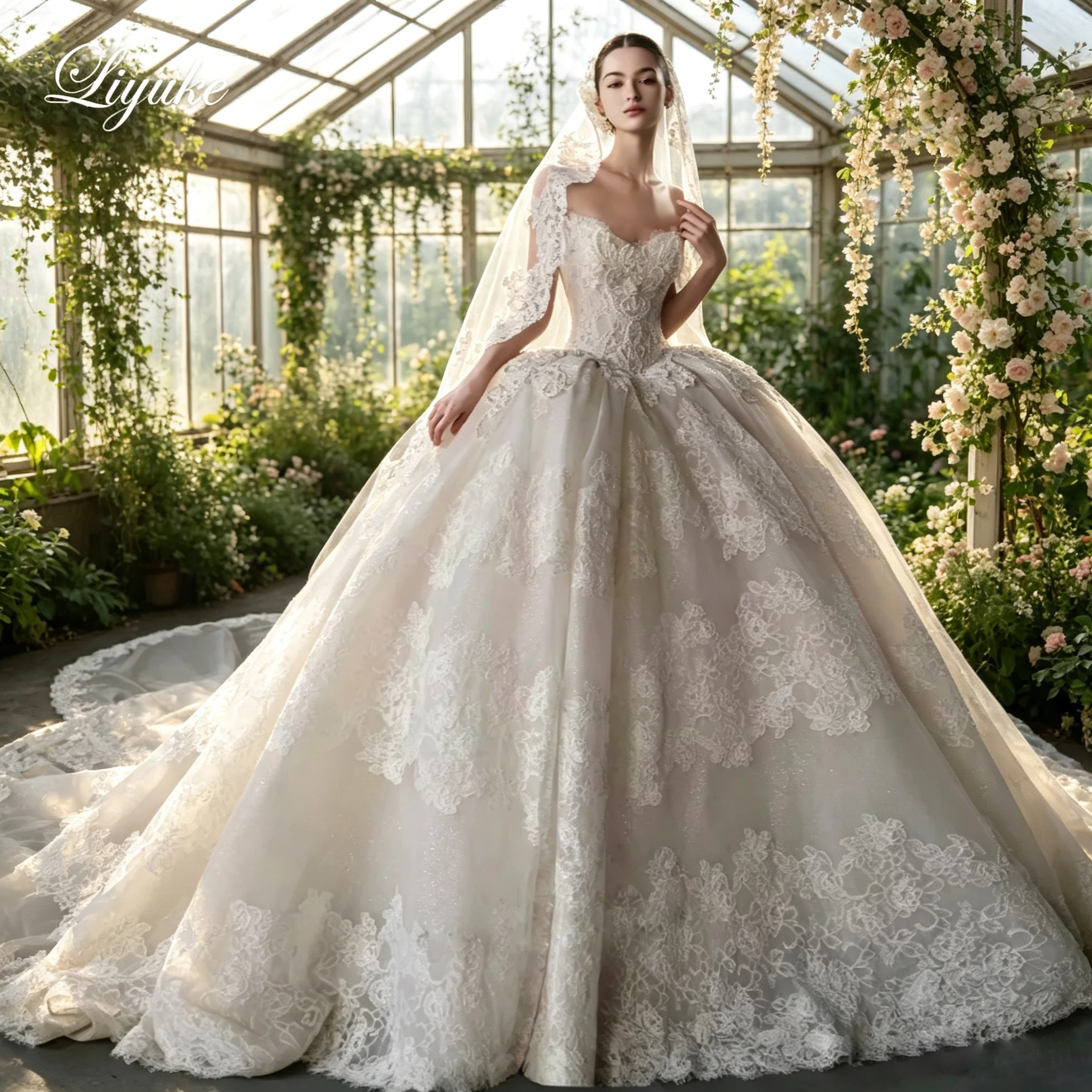 Liyuke Custom Made Luxury Lace Sweetheart Ball Gown Wedding Dress Off The Shoulder Sleeveless Beading Pearls Puffy Bridal Gowns