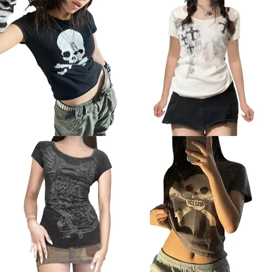 

Gothic Print Streetwear Crop Top T-irt Women Girls Summer Faion 2023 Gothic Sle ort Sve irt