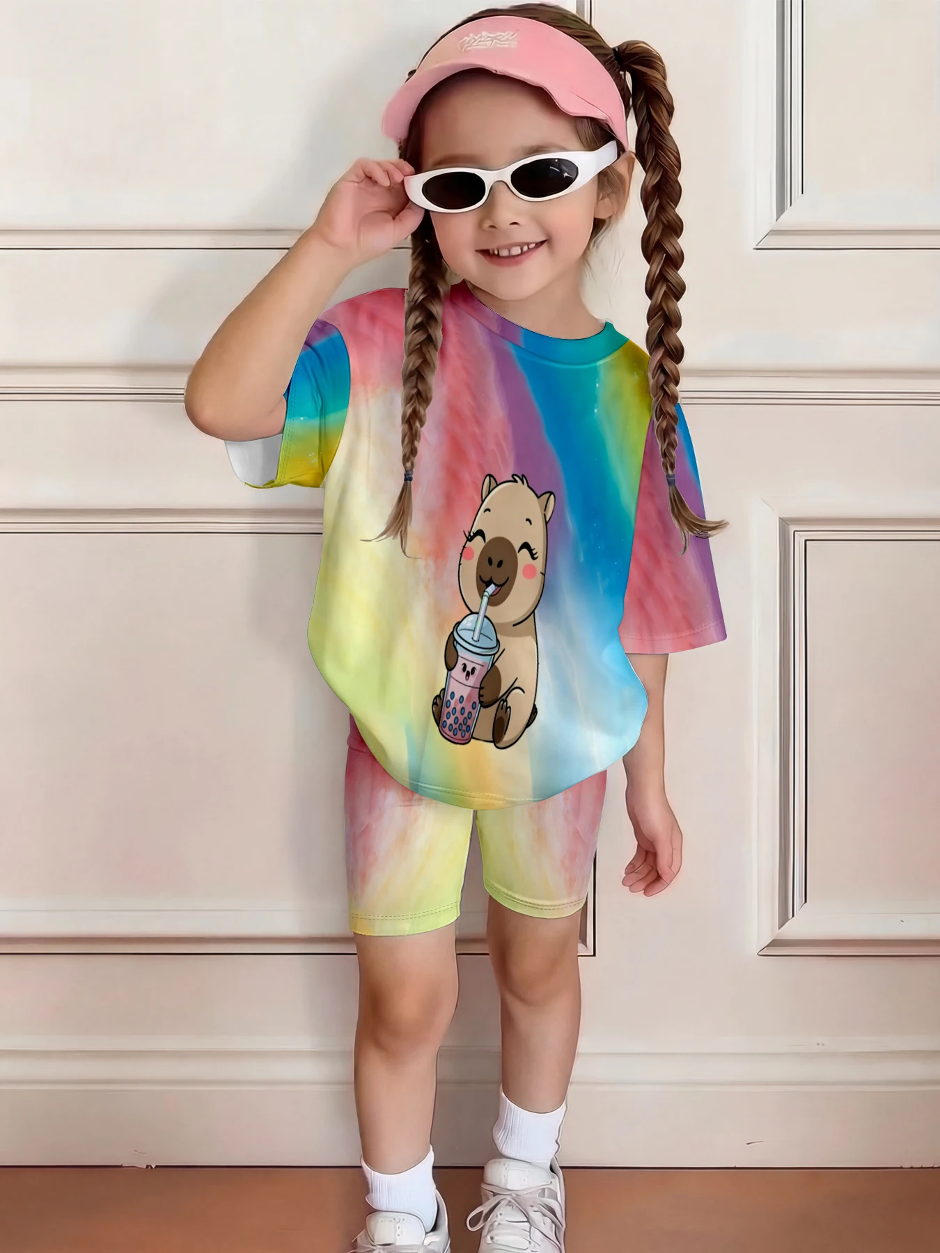 Children's tie dye water dolphin bubble tea printed casual 2-piece set T-shirt and shorts suitable for birthday gifts