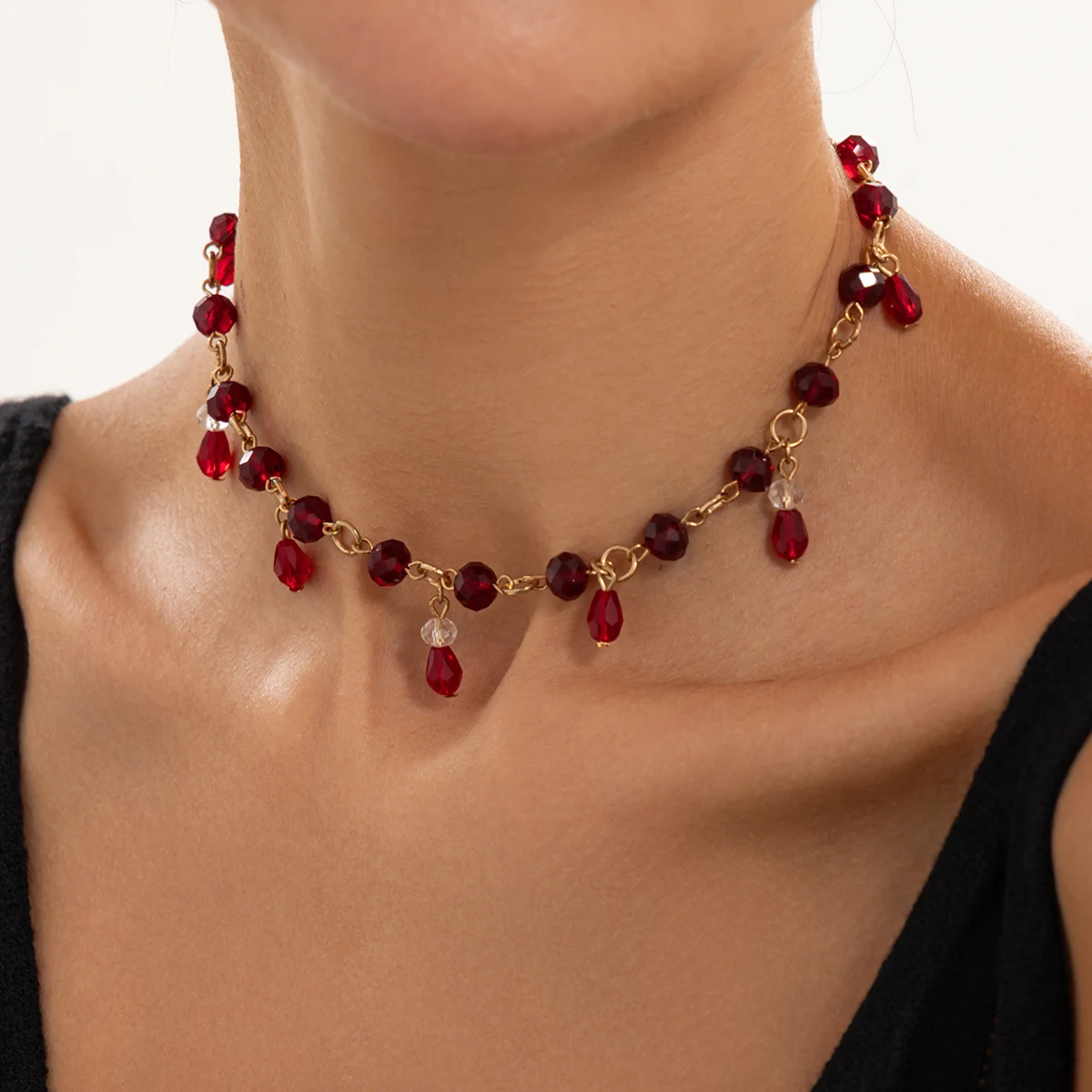 Ingemark Neue Gothic Unregelmäßige Rot-Schwarze Kristall-Quasten-Anhänger-Halskette für Frauen Vintage Verstellbare Kette Halloween-Schmuck – Detail 3