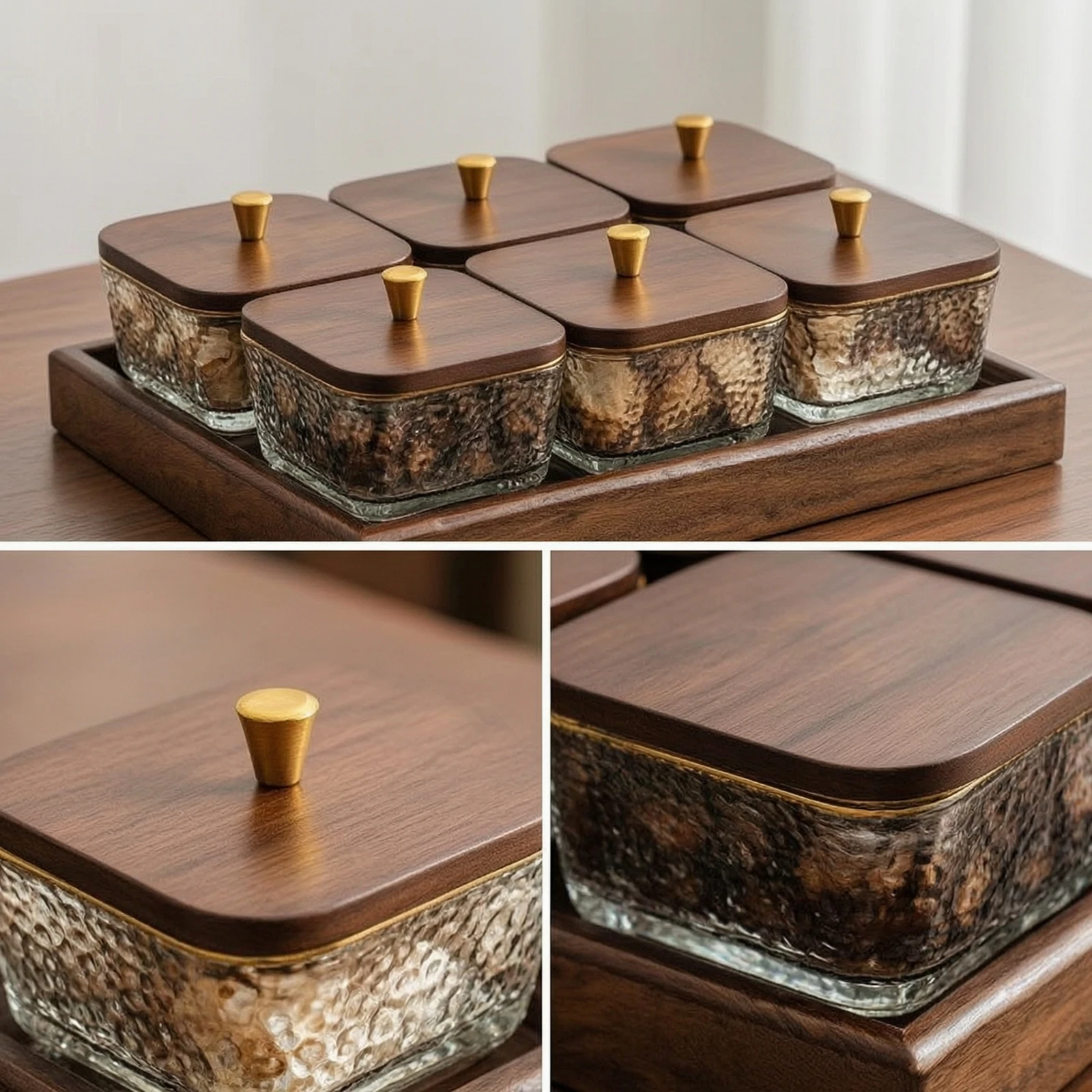 Walnut Serving Platter with Bowls Rectangular Wood Tray with Glass Bowls Condiment Server with Glass Dishes Elegant for Hosts