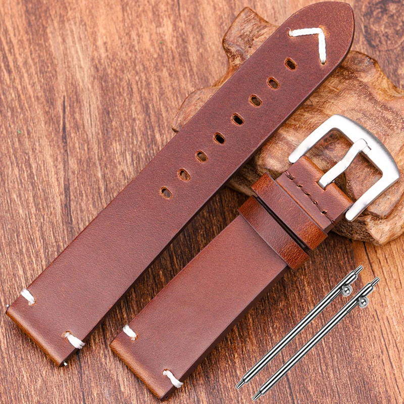 Genuine Leather Watchband Handmade Oil Wax Cowhide Strap 18mm to 24mm Vintage Style Available in 4 Colors Watch Band Accessories