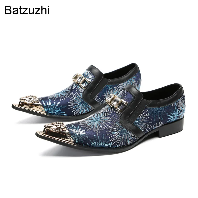 

Batzuzhi Fashion Oxford Shoes Pointed Metal Tip Blue Leather Dress Shoes Men Slip-on Forma Business, Party and Wedding Shoes Men