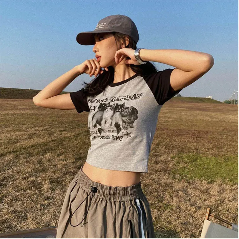 Women T-Shirt Y2k Print Slim Graphic Summer Korean Fashion Harajuku Streetwear Short Sleeve Aesthetic Clothes
