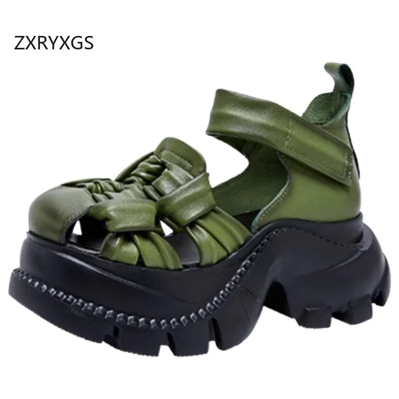 

ZXRYXGS/Новые модные женские кожаные сандалии из воловьей кожи с верхним слоем, туфли-лифты на толстой подошве, сандалии на высоком каблуке, лето 2021, римские сандалии