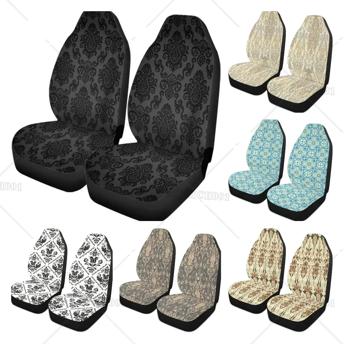 

Fundas para asientos coche con patrón Damasco victoriano, color real, negro, gótico, oscuro, Vintage, orgánico, juego 2 prote